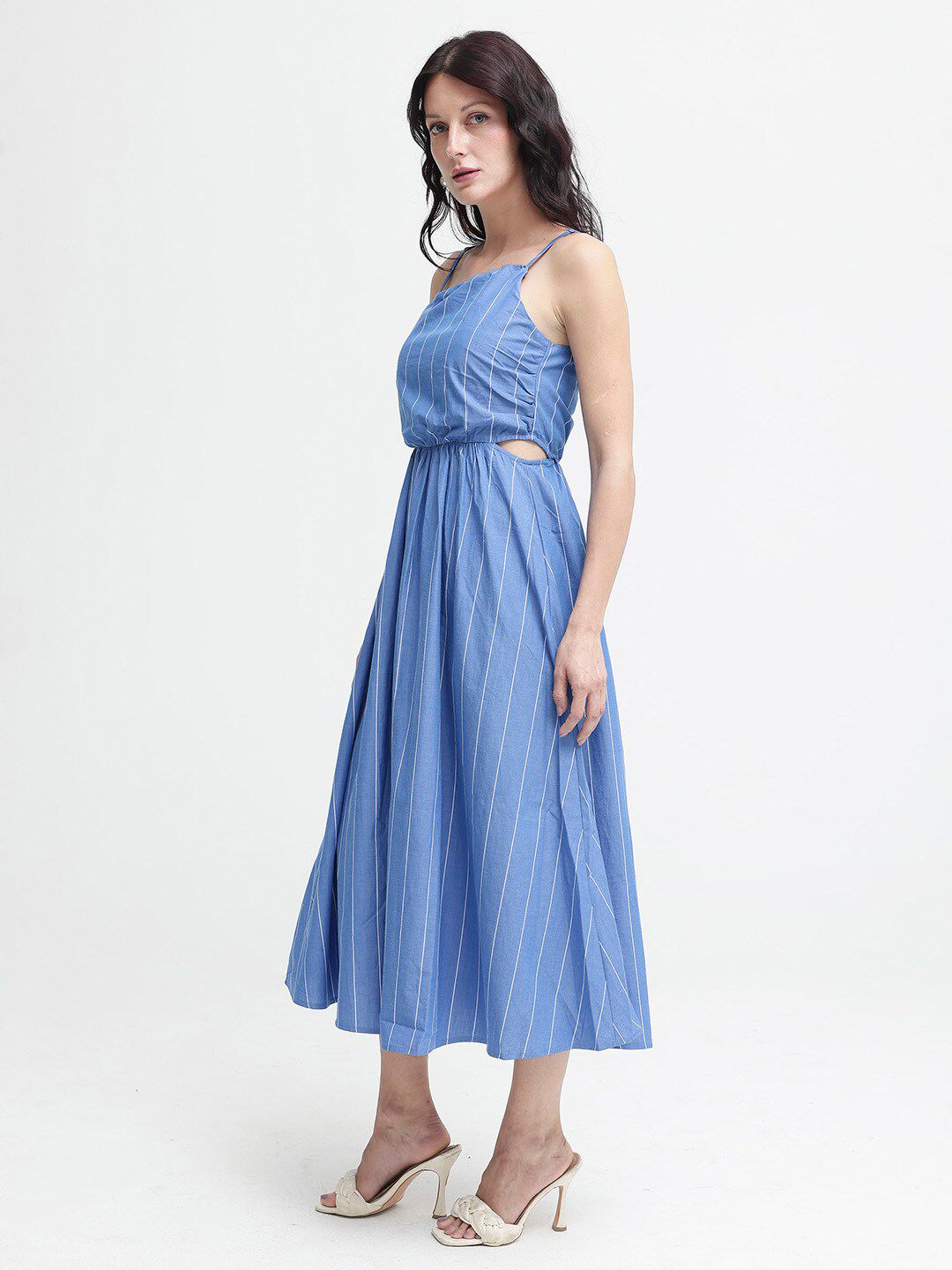 RAREISM Women Cotton Blue Striped Fit & Flare Shoulder Straps Midi Dress