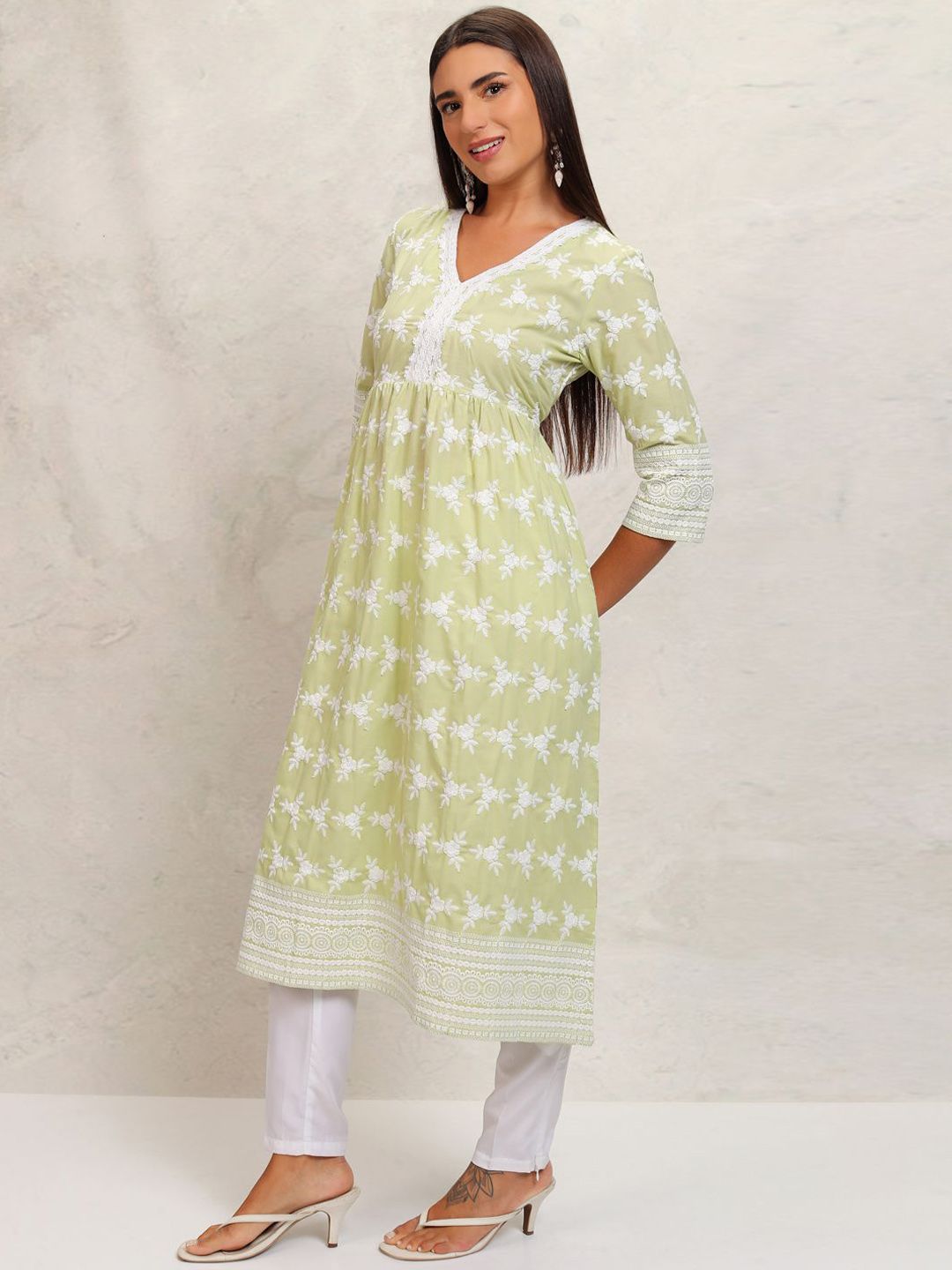Vishudh Lime Green Floral Embroidered Thread Work Pleated A-Line Kurta