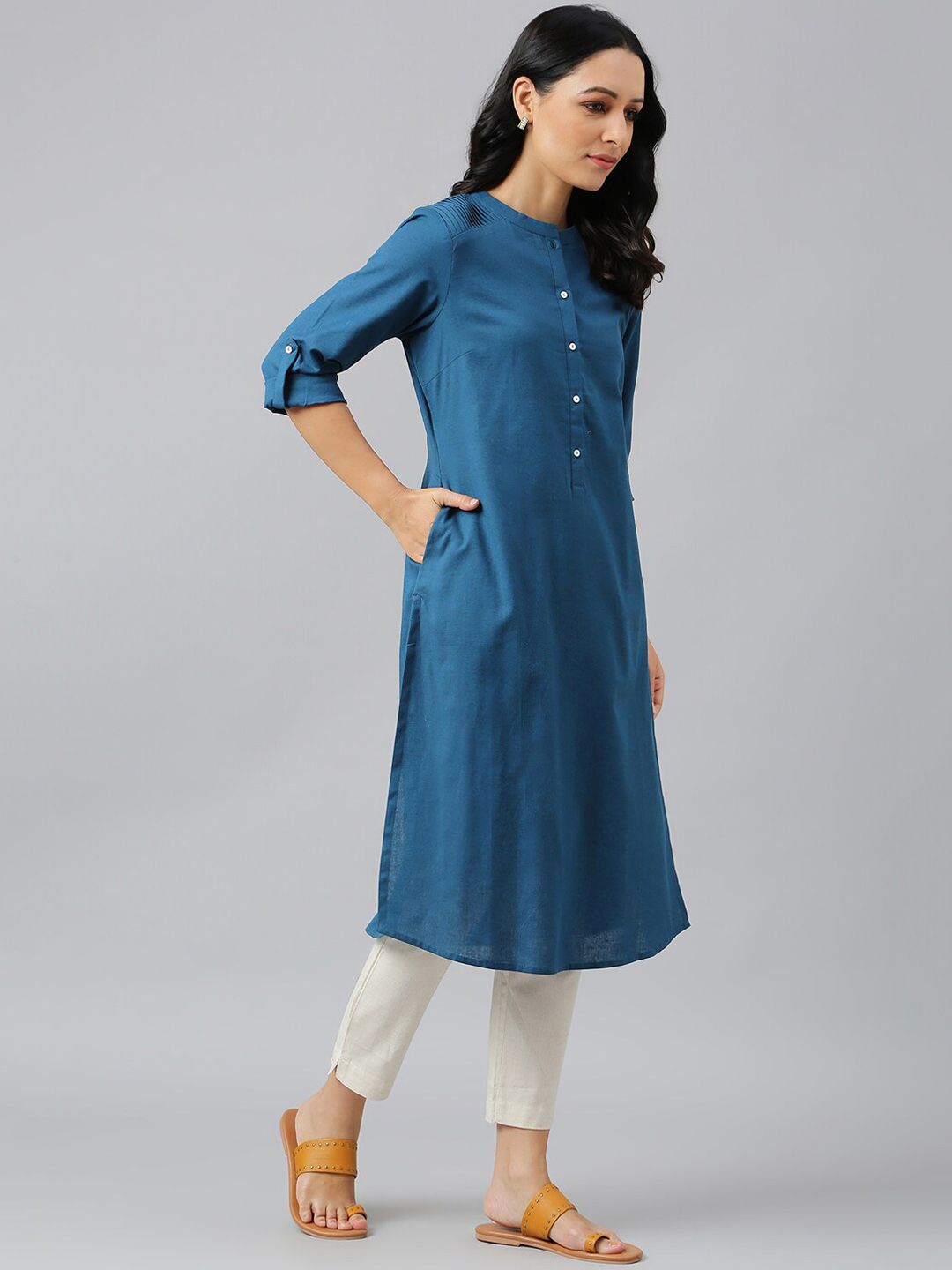 W Blue Mandarin Collar Roll-Up Sleeves Pathani Kurta