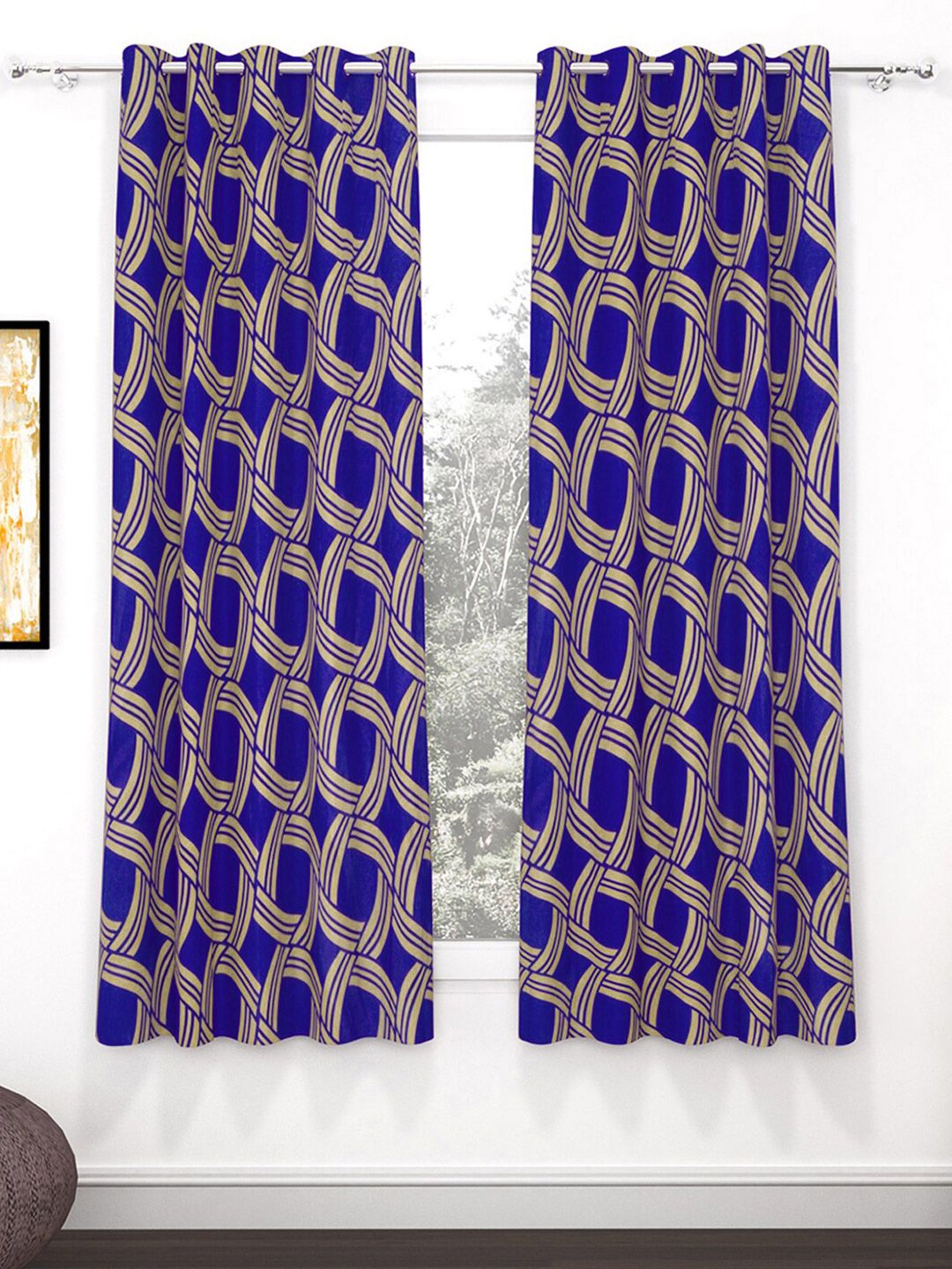 Story@home Nature Blue & Brown 2 Pieces Geometric Printed Window Curtains