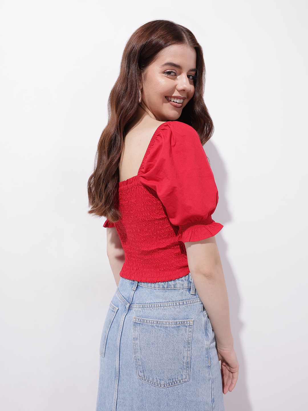 DressBerry Cherry Red Date Night Diva Smocked Crop Top