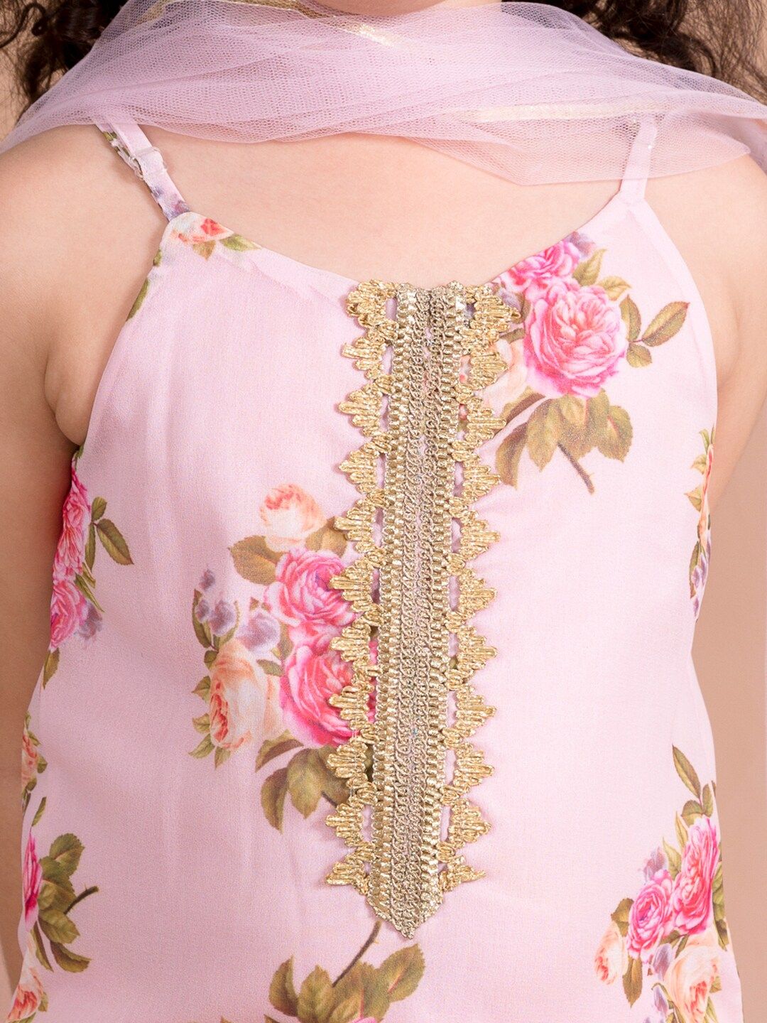 pspeaches Girls Pink Floral Printed Kurti with Sharara & With Dupatta