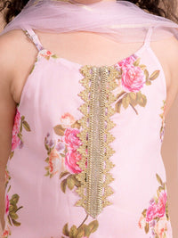 pspeaches Girls Pink Floral Printed Kurti with Sharara & With Dupatta