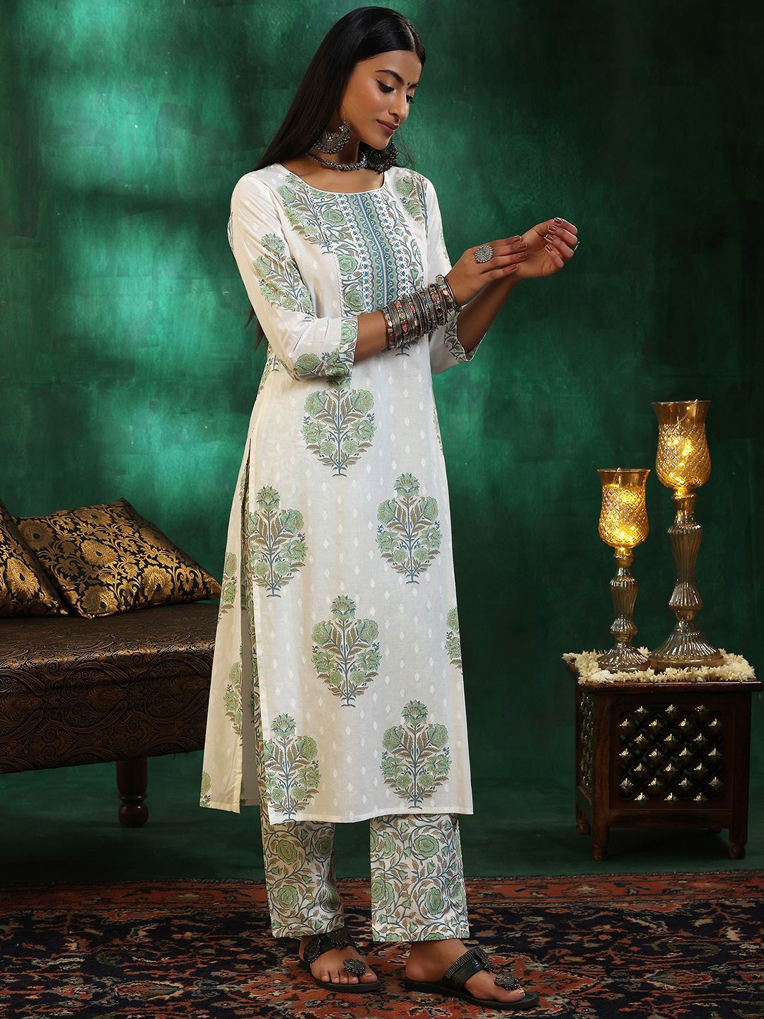 Libas Floral Printed Gotta Patti Pure Cotton Straight Kurta with Trousers & Dupatta