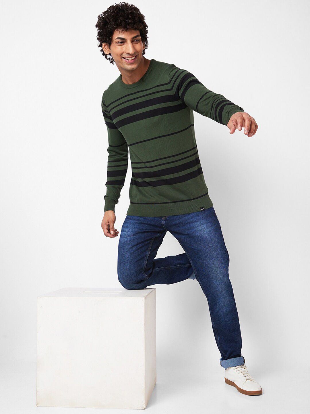 SPYKAR Striped Ribbed Cotton Pullover Sweater