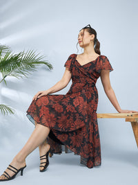 Antheaa Floral Printed Chiffon Fit & Flare Midi Dress