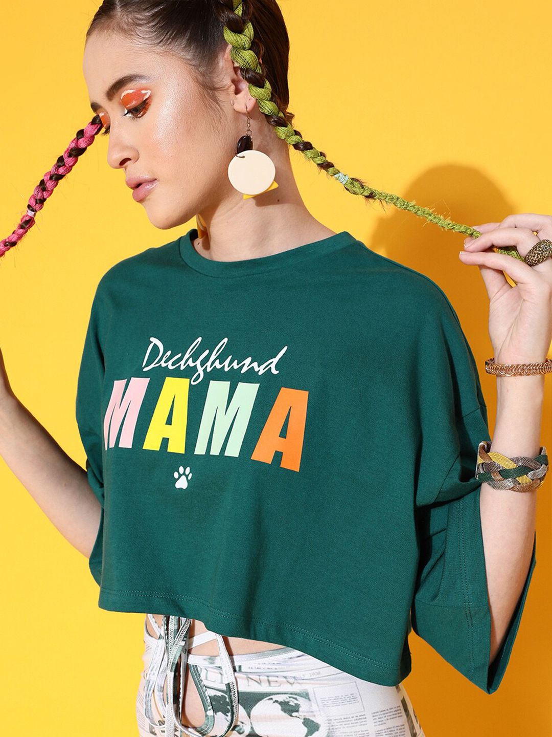 STREET 9 Women Green Printed Cotton Drop-Shoulder Sleeves Bio Finish Boxy T-shirt