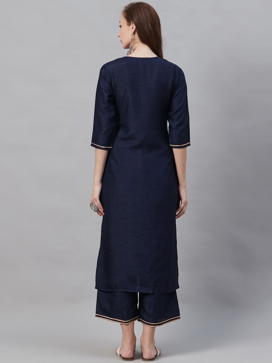 Indo Era Women Navy Blue Solid Kurta with Palazzos