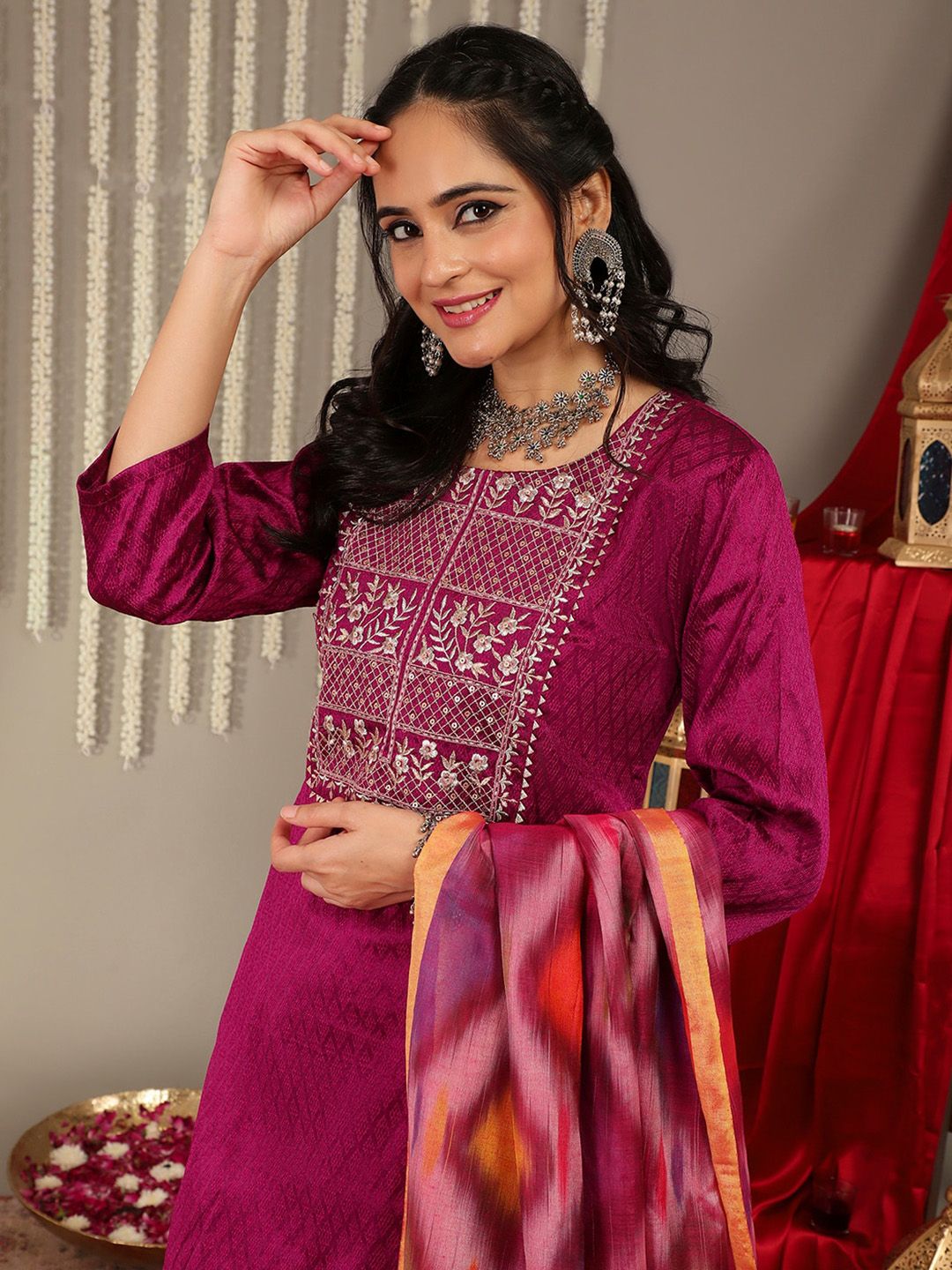 Varanga Ethnic Motifs Woven Design Regular Zari Work Kurta With Trousers & Dupatta