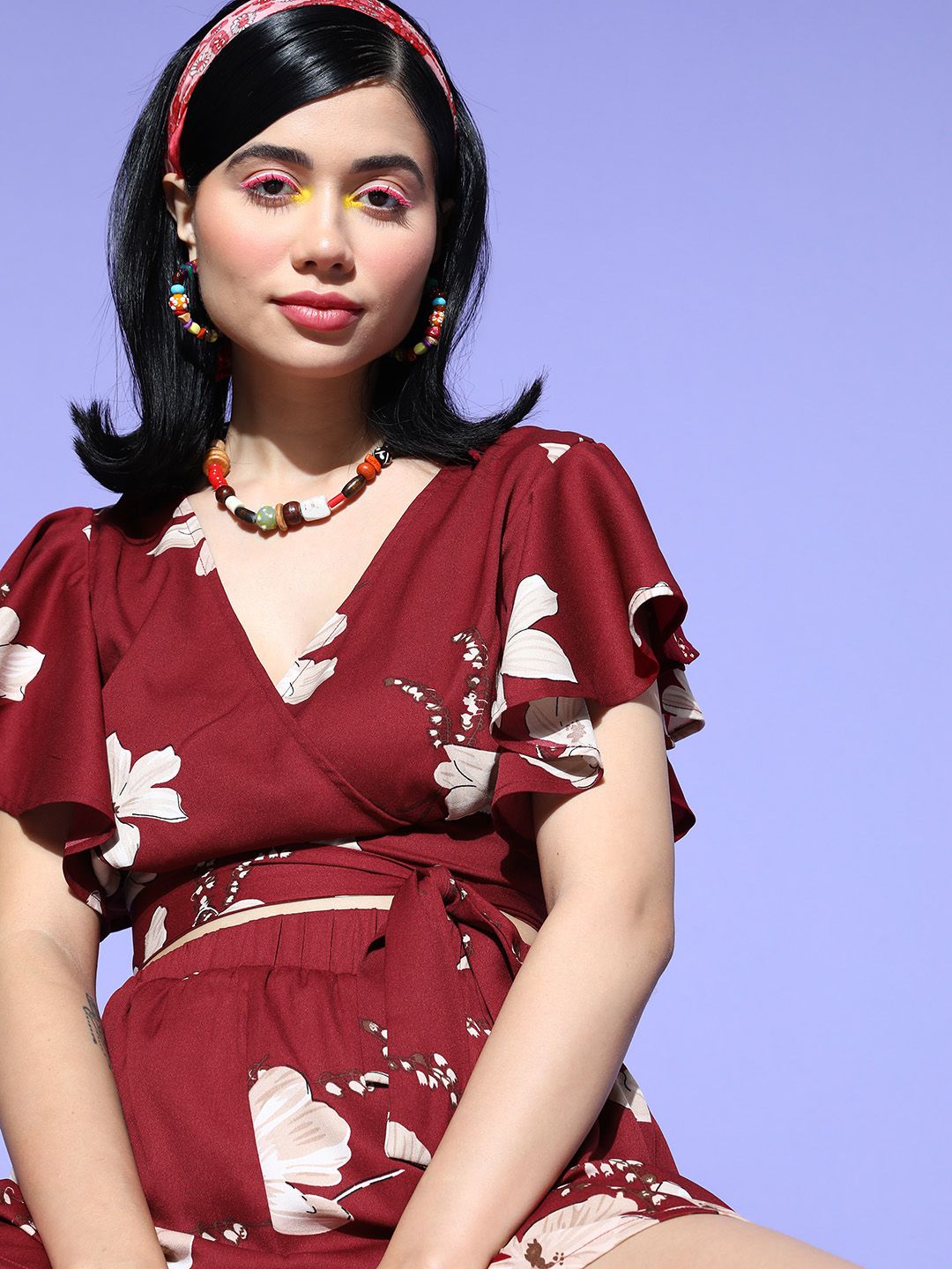 Berrylush Women Charming Maroon Printed Top with Shorts