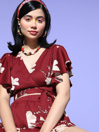 Berrylush Women Charming Maroon Printed Top with Shorts