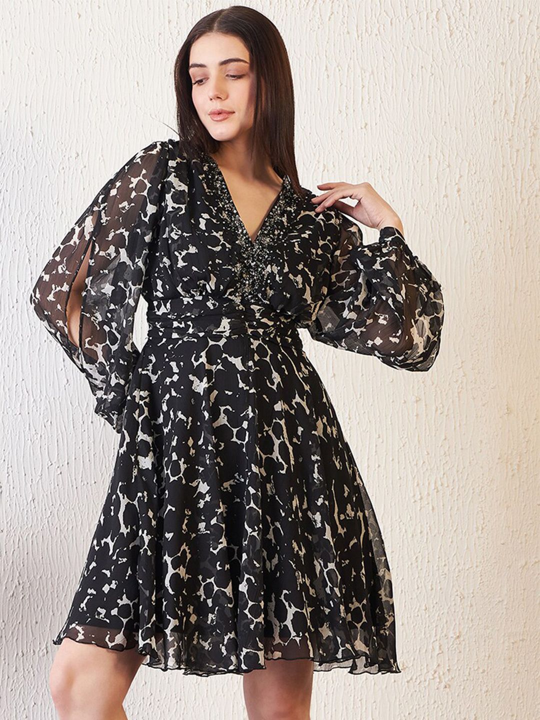 Antheaa Black Abstract Printed Slit Sleeves Embellished Empire Dress