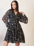 Antheaa Black Abstract Printed Slit Sleeves Embellished Empire Dress