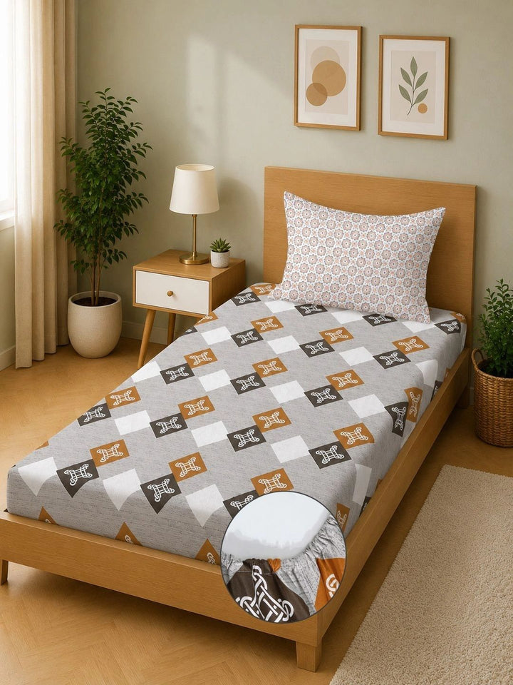 Moda Rapido X KLOTTHE Grey & Brown Geometric 400 TC Single Bedsheet with 1 Pillow Covers