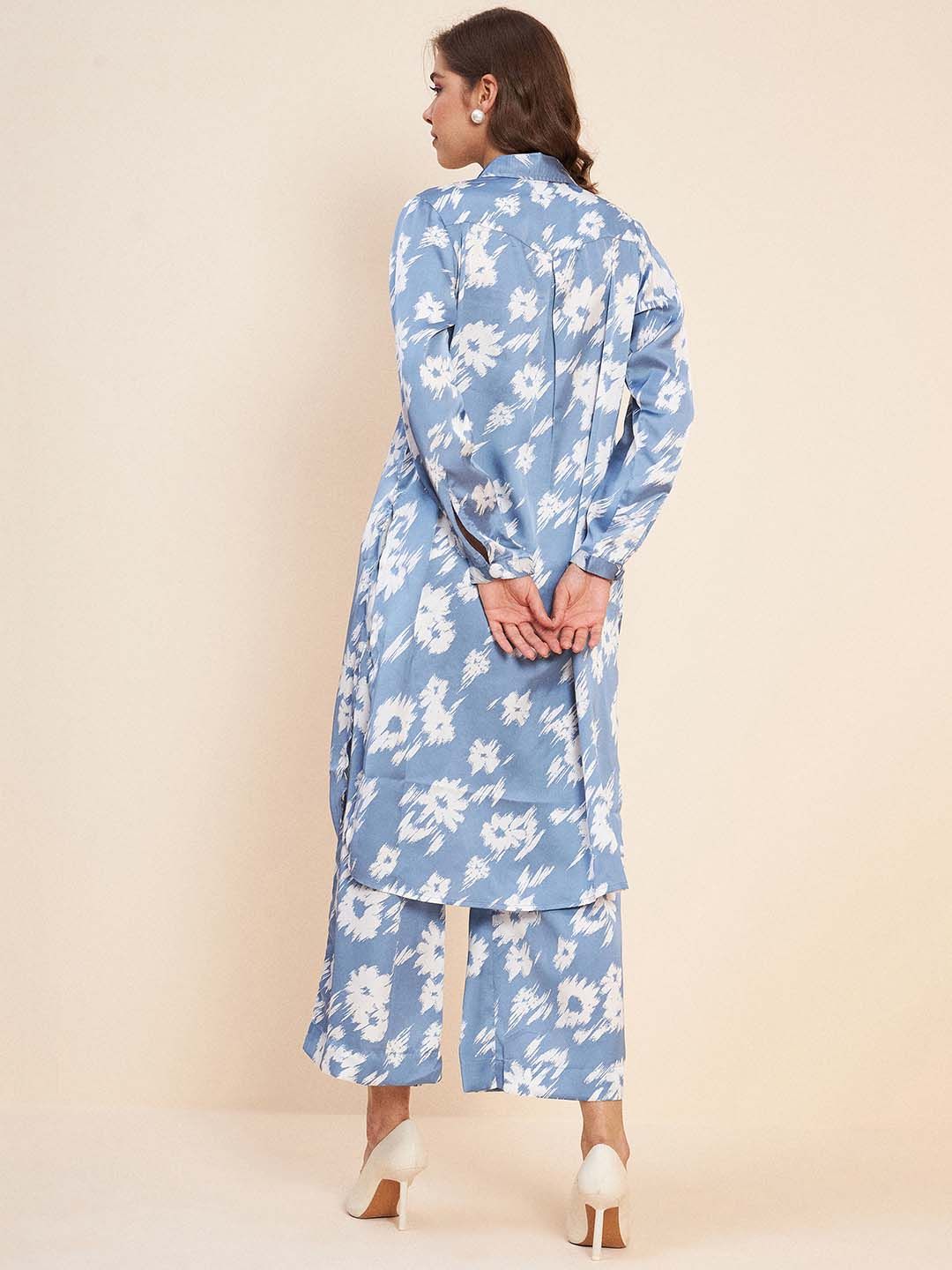 Antheaa Blue Floral Printed Shirt Collar Long Sleeve Satin Co-Ords