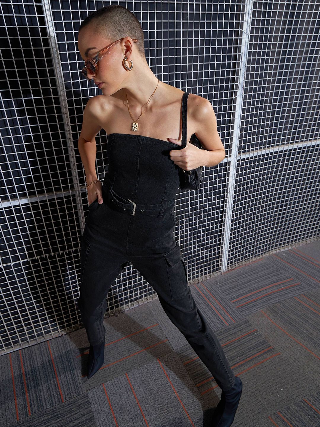 SASSAFRAS Black Strapless Basic Jumpsuit
