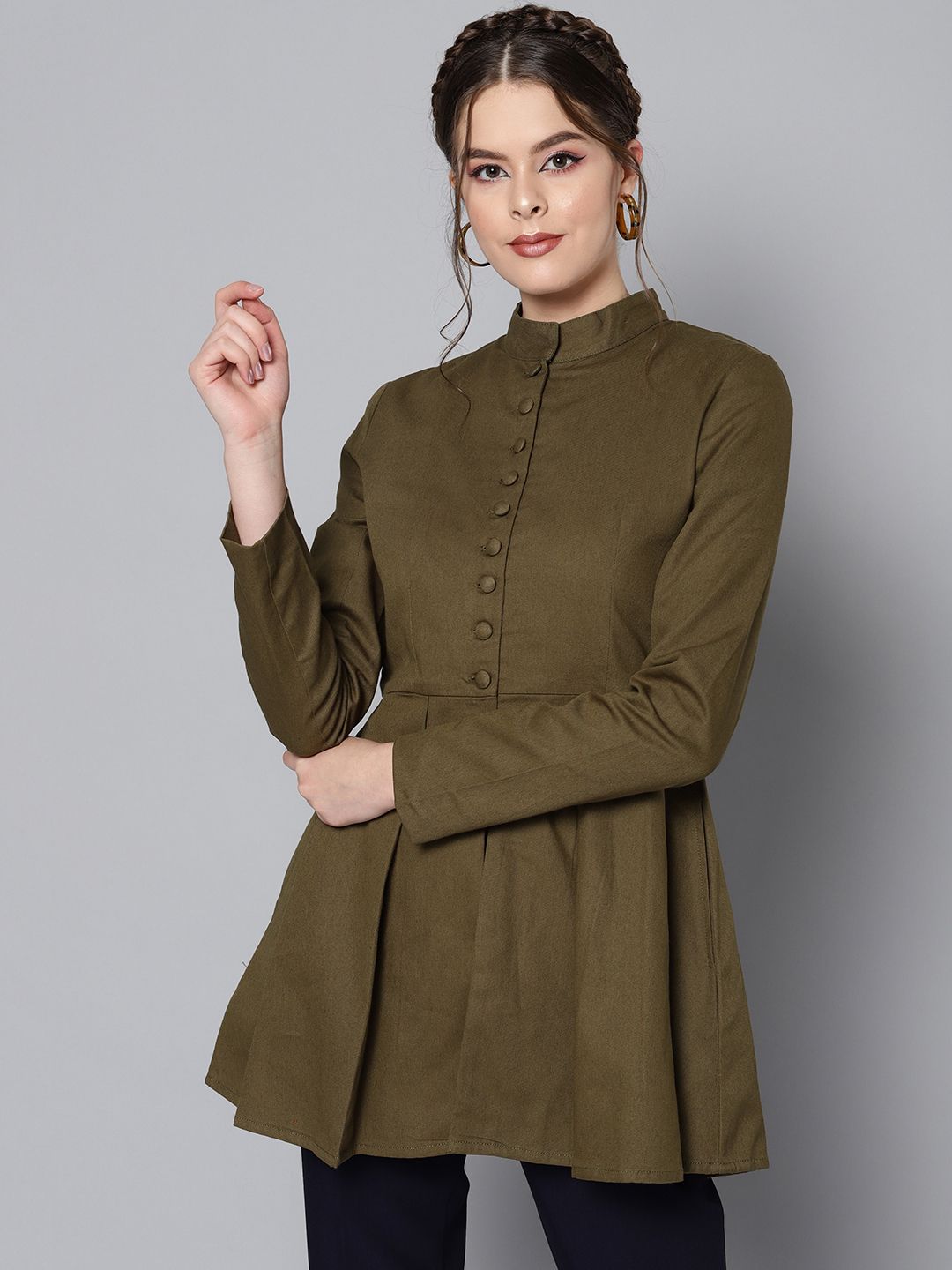STREET 9 Women Olive Green Peplum Solid Tailored Jacket