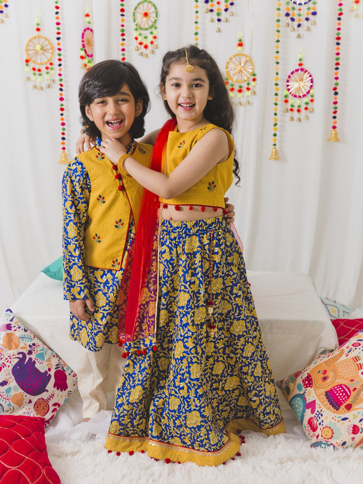 pspeaches Girls Navy Blue & Yellow Cotton Ready to Wear Lehenga & Blouse With Dupatta
