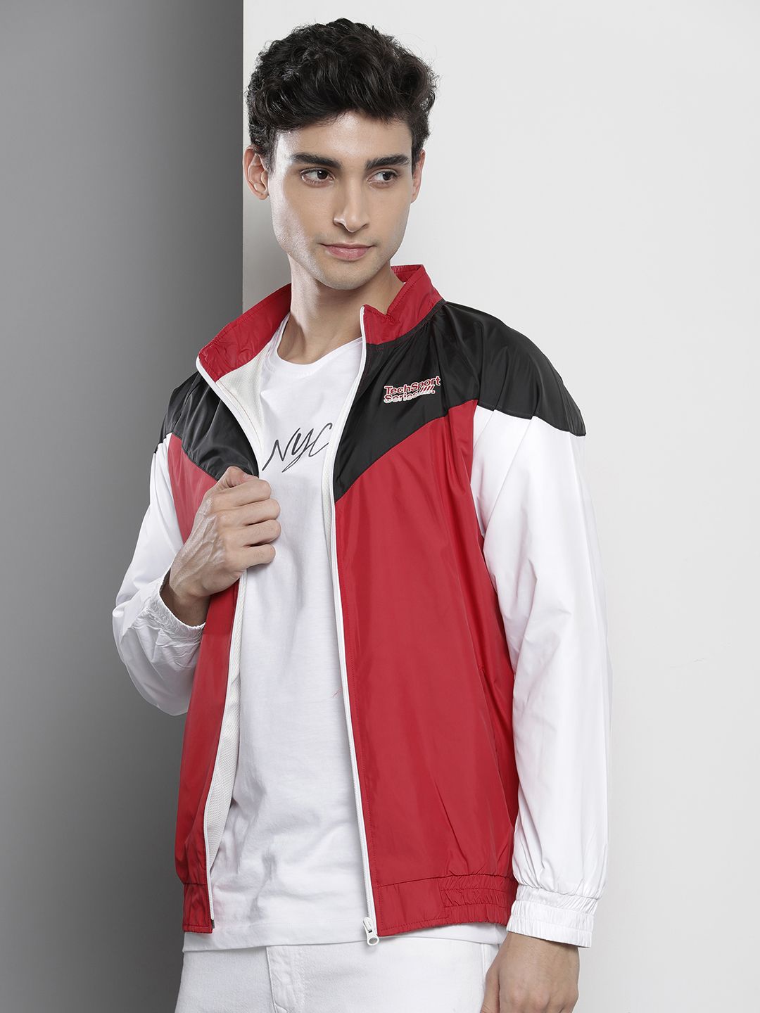 The Indian Garage Co Men Red & White Colourblocked Windcheater Jacket