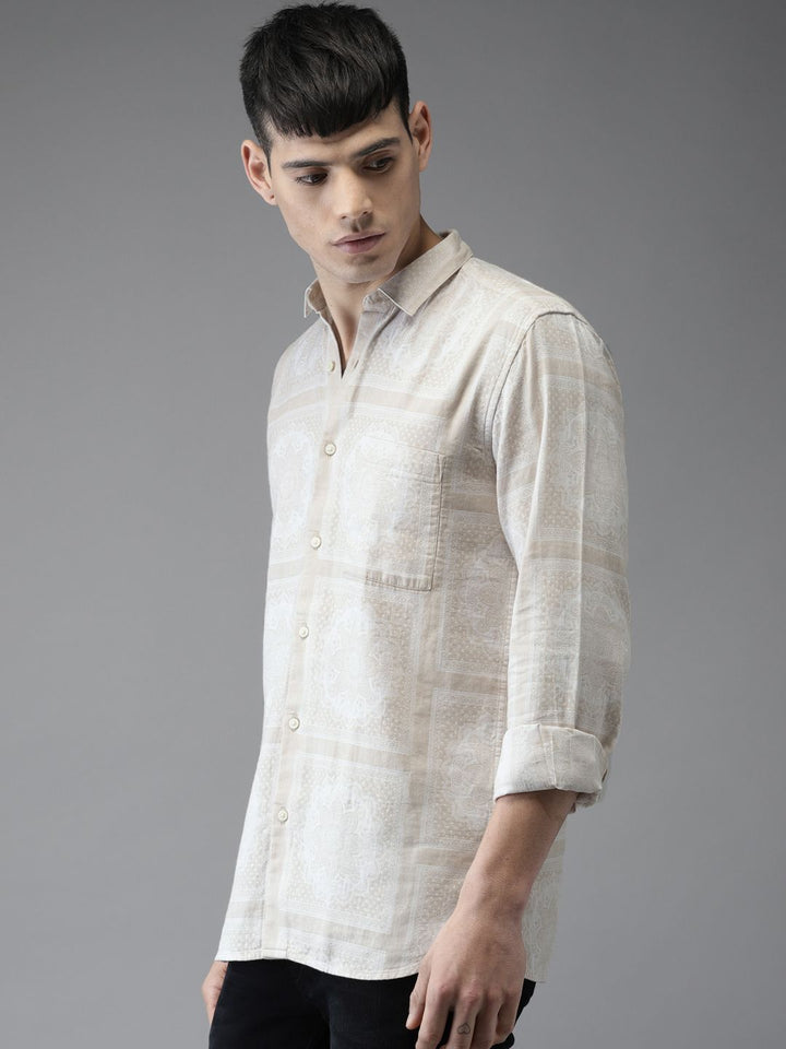 Bene Kleed Men Beige Slim Fit Self Design Casual Shirt