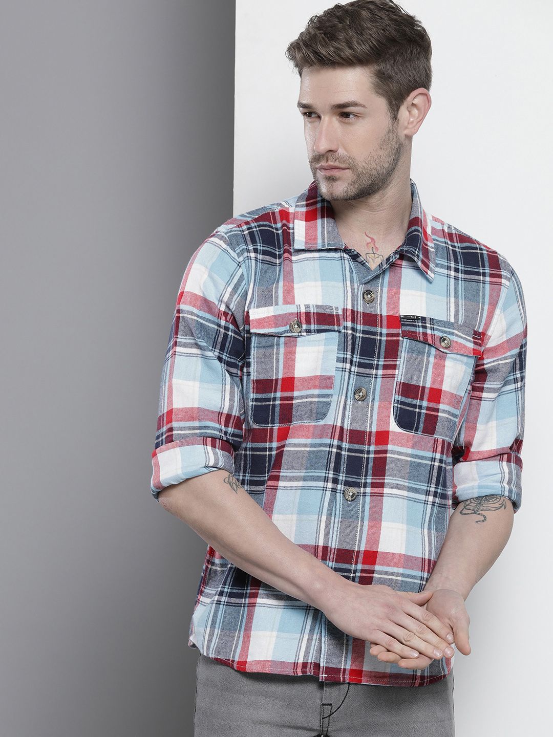 The Indian Garage Co Men Regular Fit Checked Double Flap Pocket Flannel Shirt