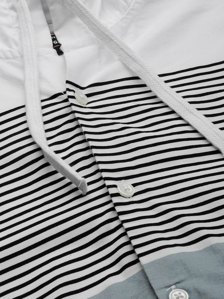 The Indian Garage Co Men Pure Cotton White & Grey Horizontal Striped Casual Shirt
