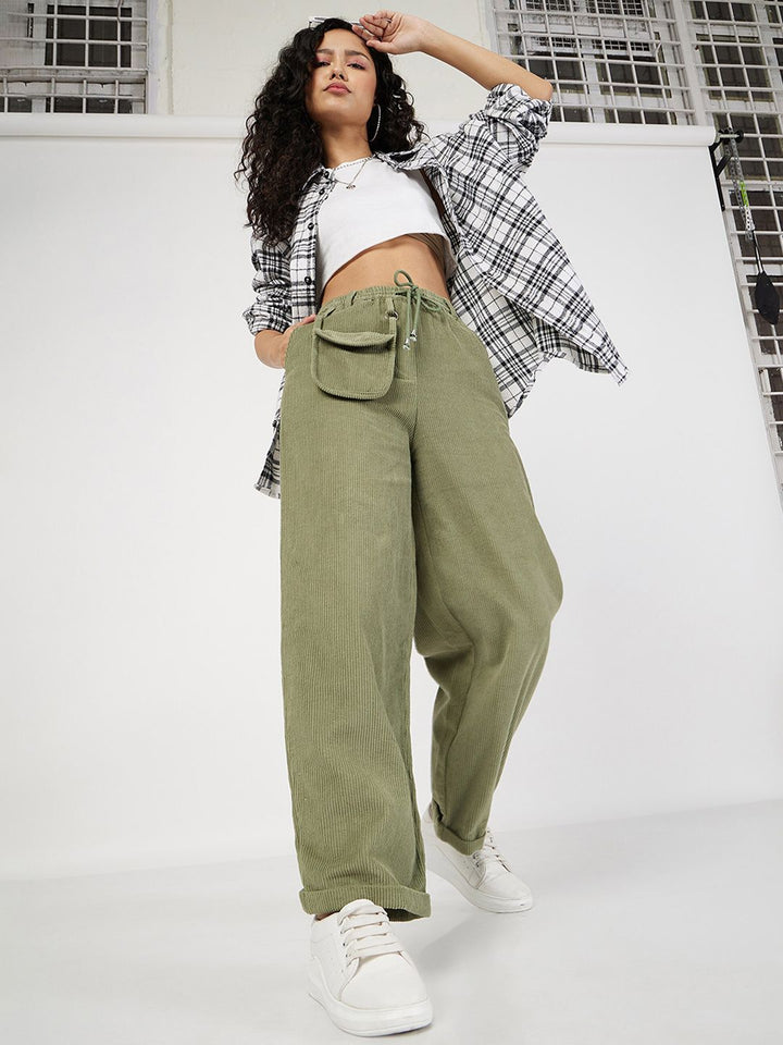 SASSAFRAS Women Olive Green Straight Fit Pure Cotton Parallel Trousers