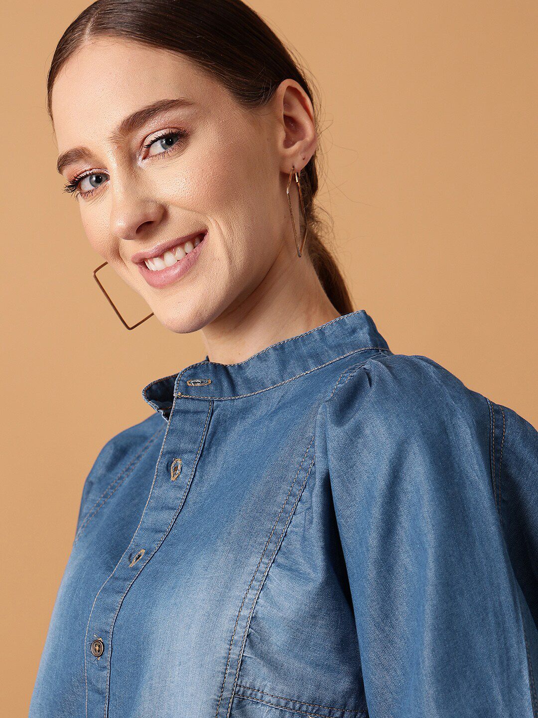 STREET 9 Puff Sleeves Pure Cotton Denim Mandarin Collar Shirt Style Top