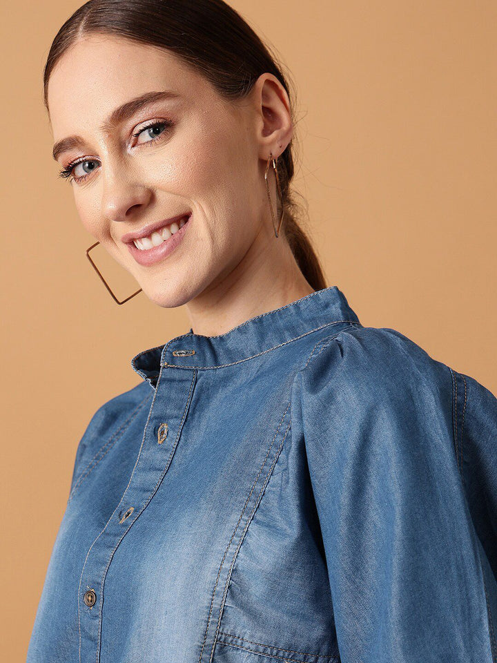 STREET 9 Puff Sleeves Pure Cotton Denim Mandarin Collar Shirt Style Top