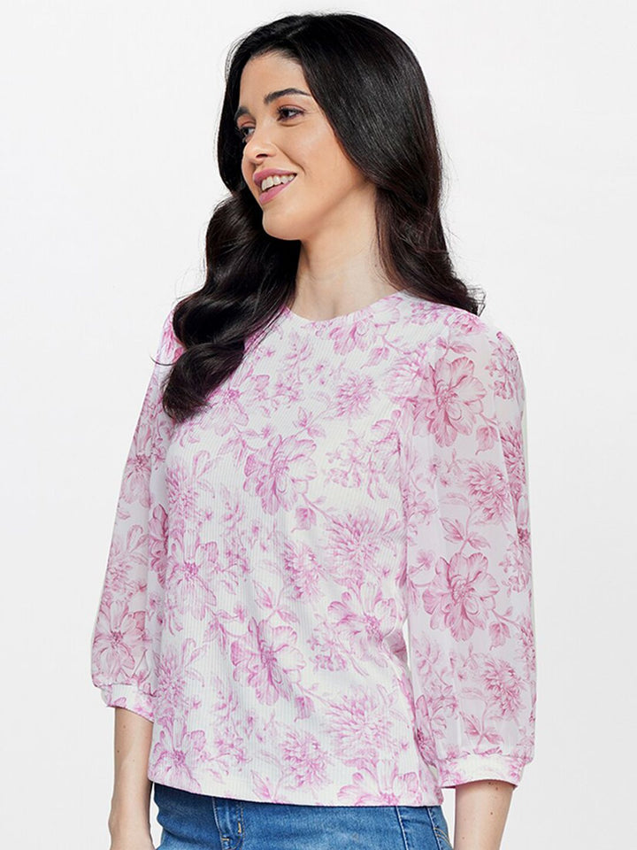 AND Round Neck Puff Sleeves Floral Ribbed Regular Top
