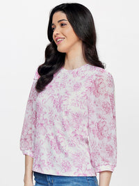 AND Round Neck Puff Sleeves Floral Ribbed Regular Top