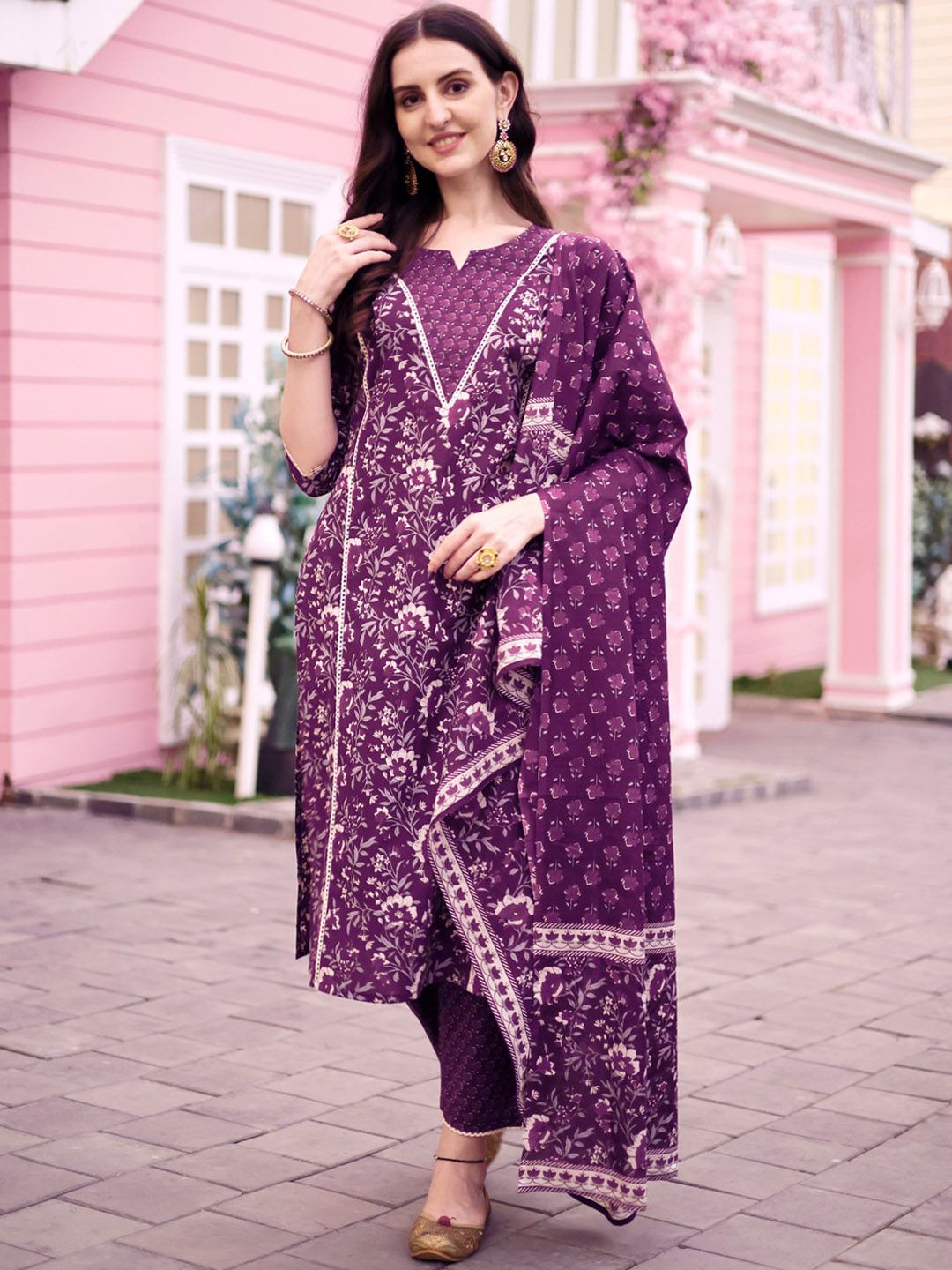 KALINI Floral PrintedKurta With Trousers & Dupatta