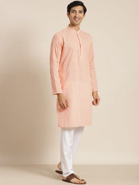 SOJANYA Lelaki Kurta Kapas Tulen Chikankari Warna Peach dengan Jaket Churidar & Nehru