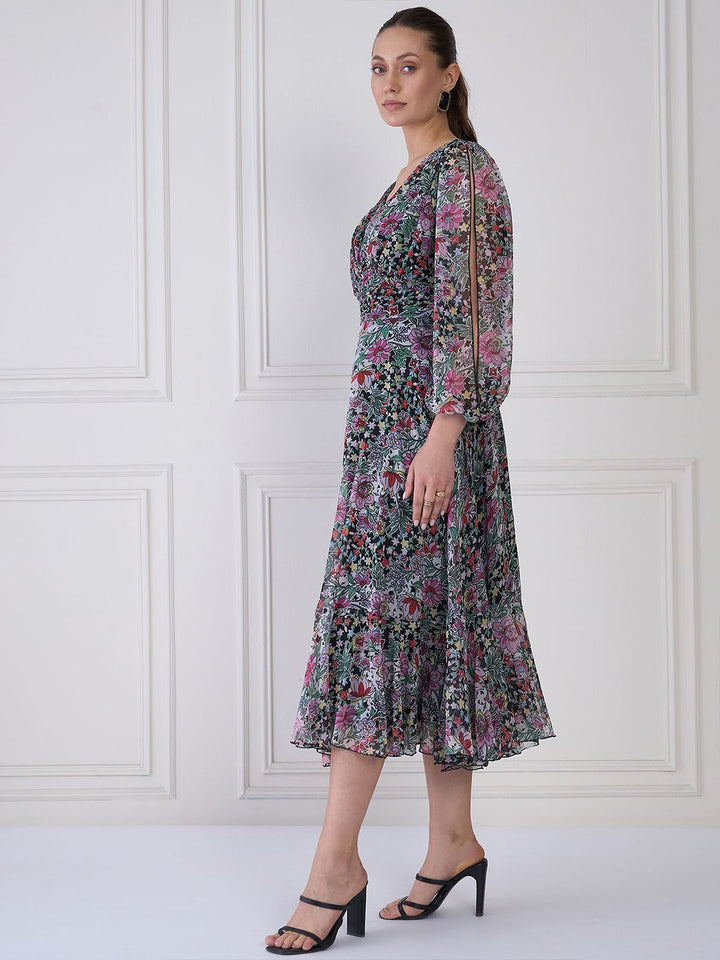 Antheaa Floral Print Chiffon Midi Fit and Flare Dress