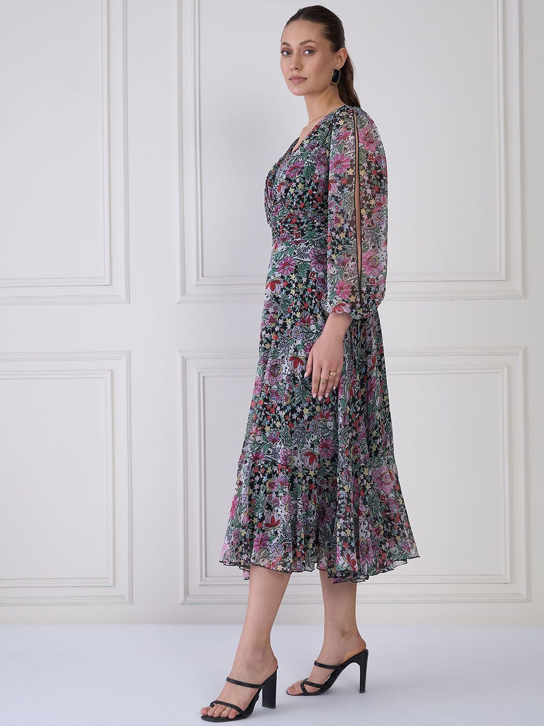 Antheaa Floral Print Chiffon Midi Fit and Flare Dress