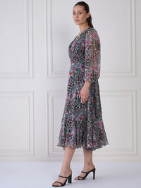 Antheaa Floral Print Chiffon Midi Fit and Flare Dress