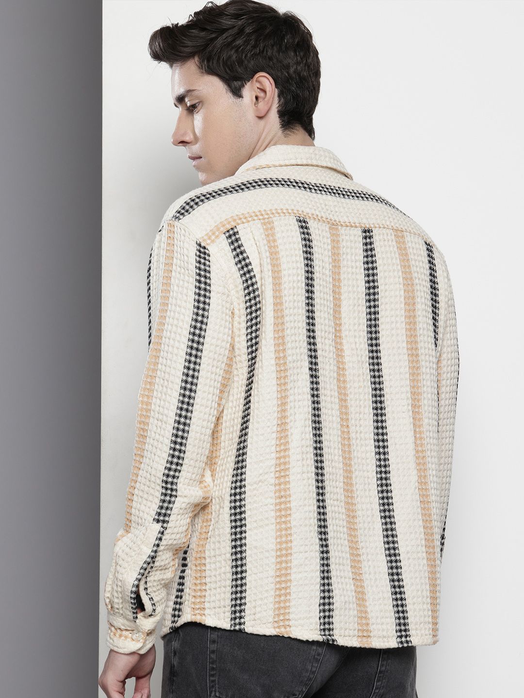 The Indian Garage Co Textured & Striped Pure Cotton Relaxed Fit Casual Shirt