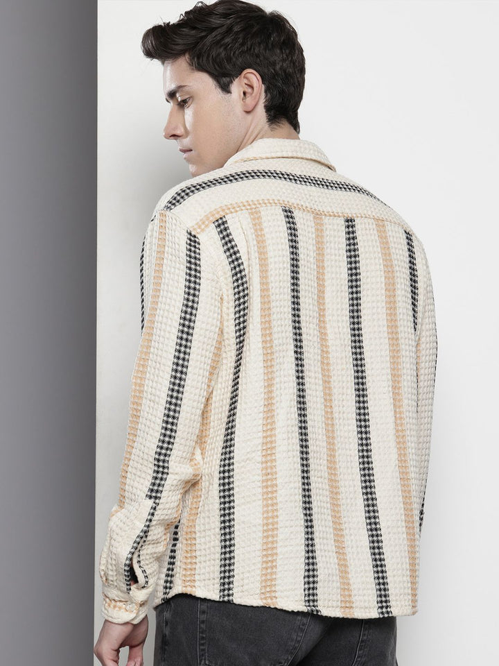 The Indian Garage Co Textured & Striped Pure Cotton Relaxed Fit Casual Shirt