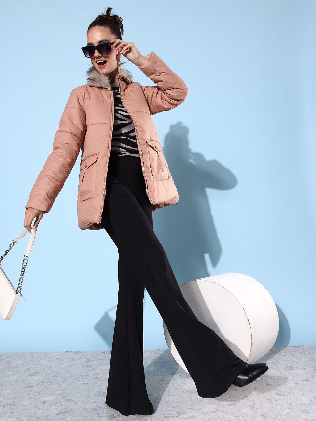 DressBerry Women Longline Padded Jacket With Faux Fur Trim Detail