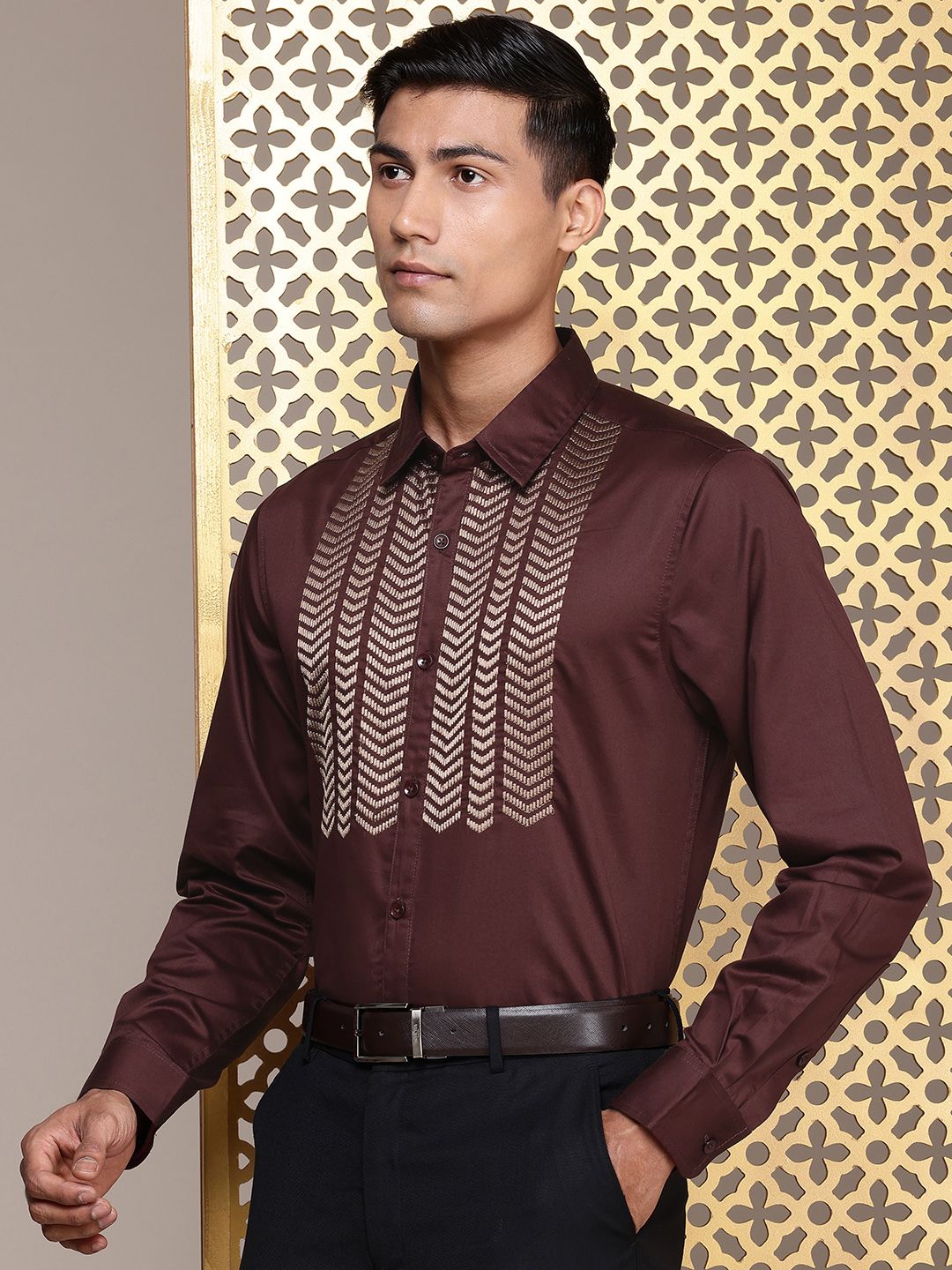 House of Pataudi Geometric Embroidered Pure Cotton Party Shirt