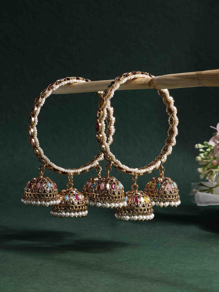 PANASH Set Of 2 Gold Plated American Diamond Stone Studded & Beaded Bangles