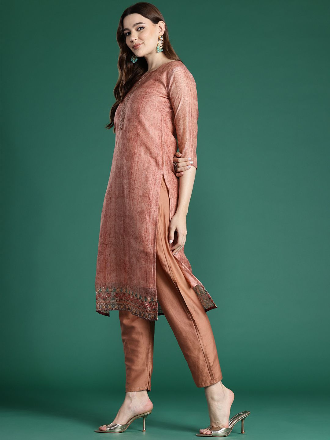 Indo Era Ethnic Motifs Printed Thread Work Chanderi Silk Kurta With Trousers & Dupatta