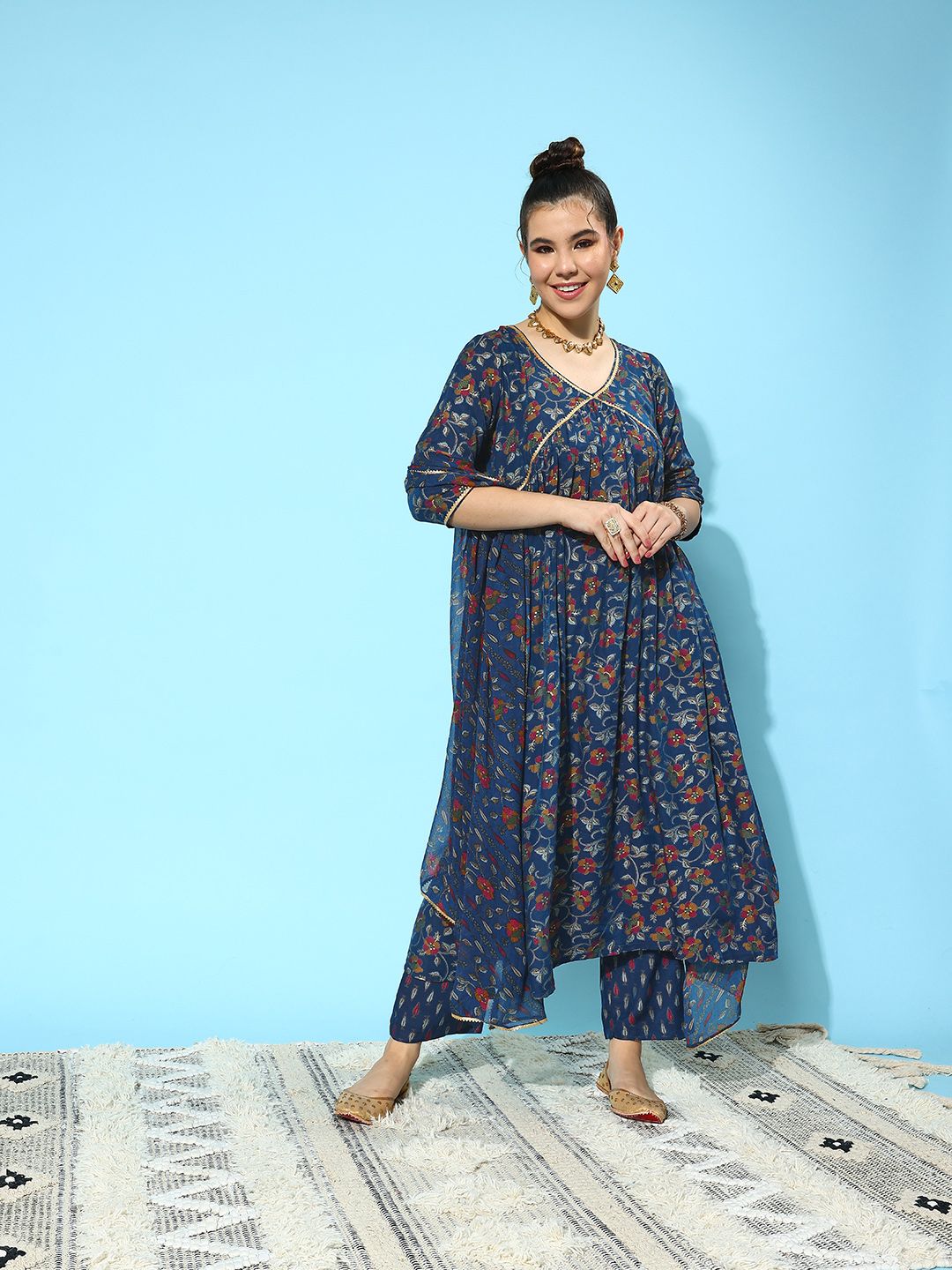 Libas Floral Printed High Slit Gotta Patti Kurta with Trousers & Dupatta