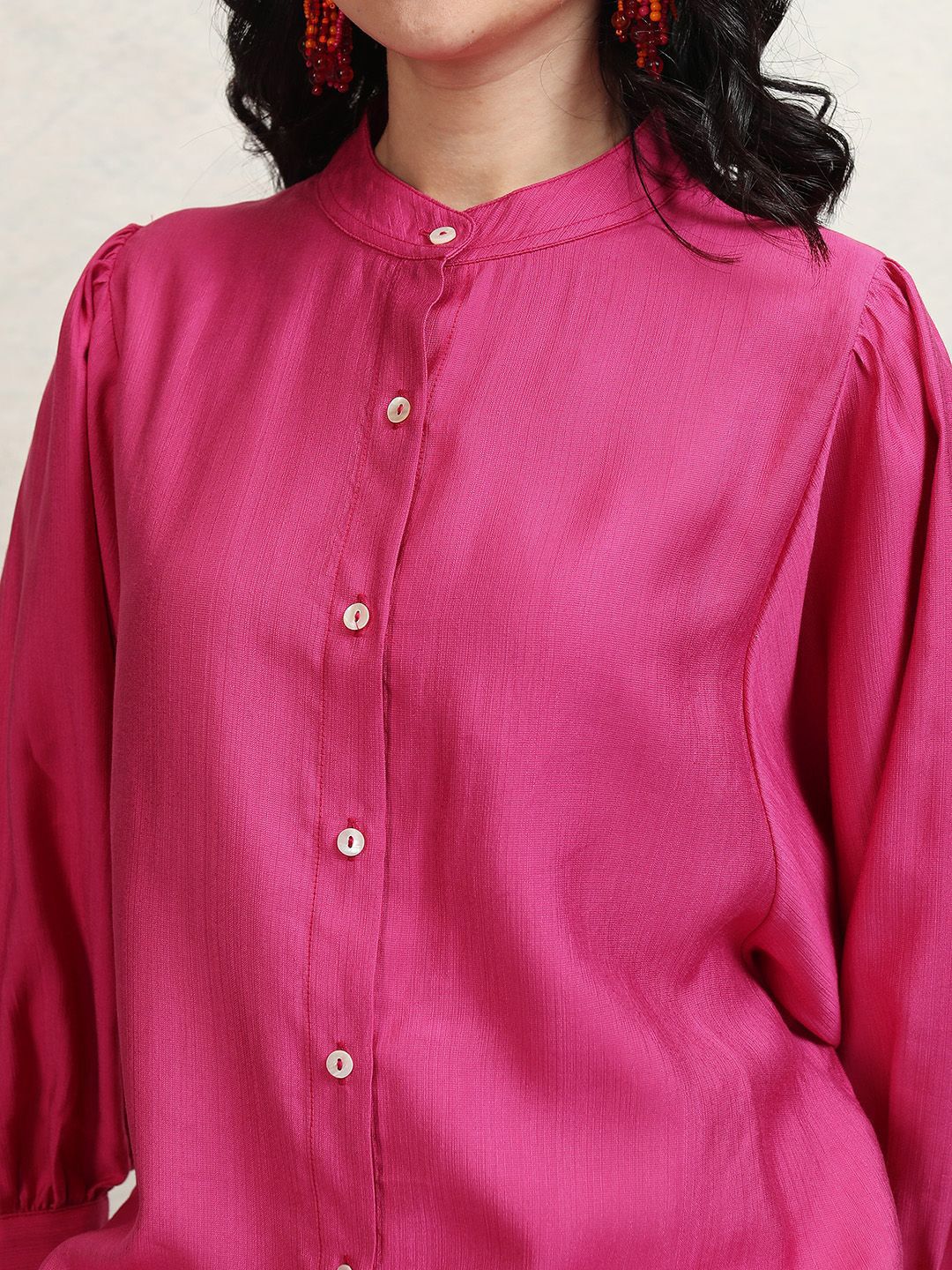 Vishudh Fuchsia Mandarin Collar Puffed Sleeves Tunic With Palazzos