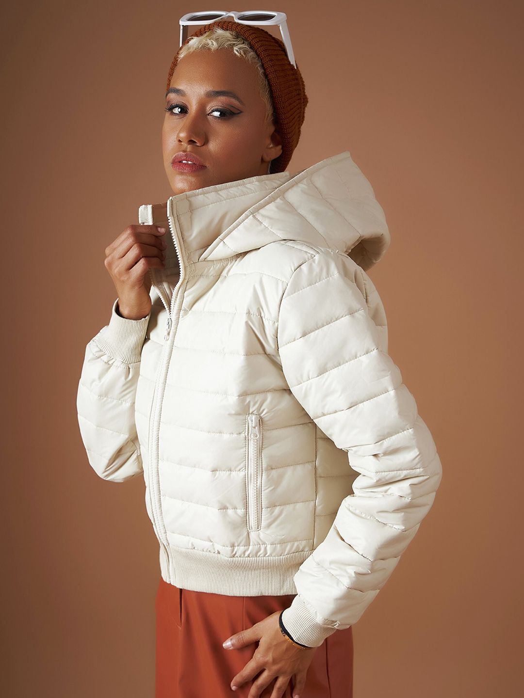 SASSAFRAS Beige Hooded Cropped Bomber Jacket