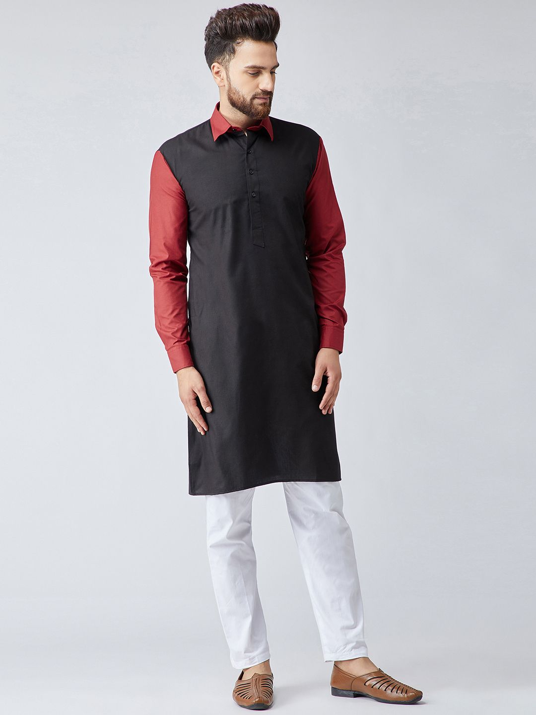 SOJANYA Lelaki Black & Maroon Colourblocked Straight Kurta