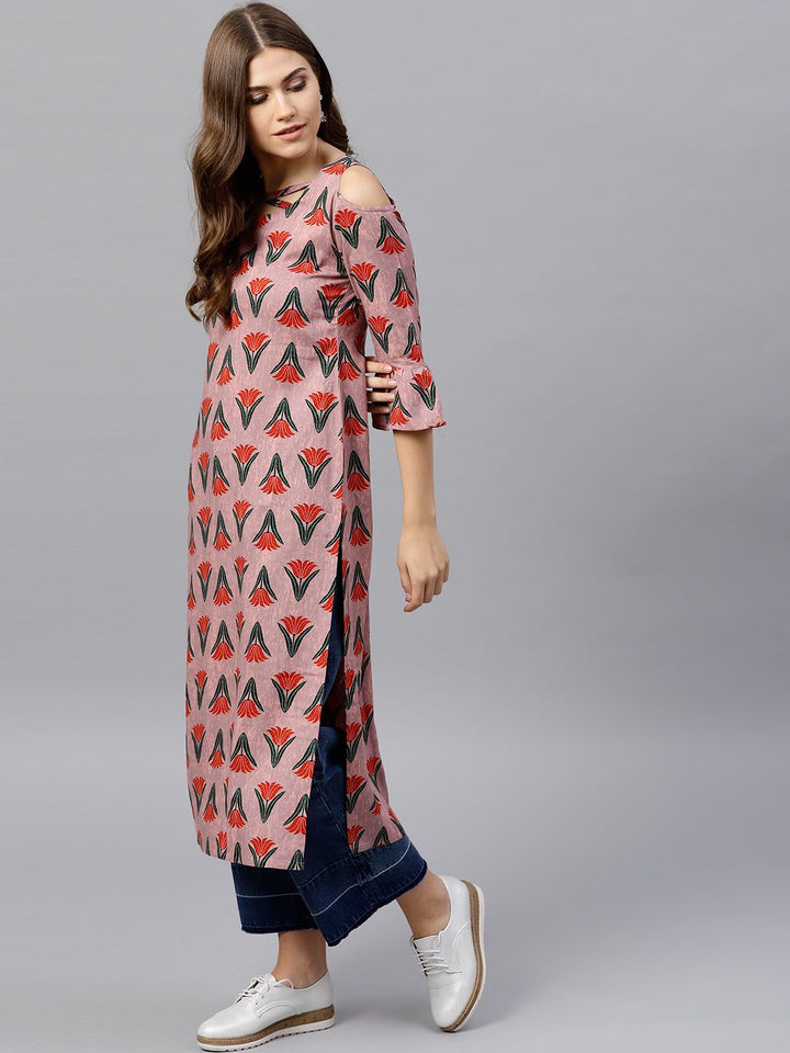Gerua By Libas Women Mauve  Red Printed Cold Shoulder Straight Kurta