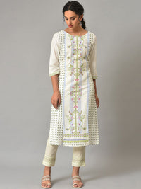 W Women White & Green Geometric Printed Mid Rise Pure Cotton Cropped Trousers