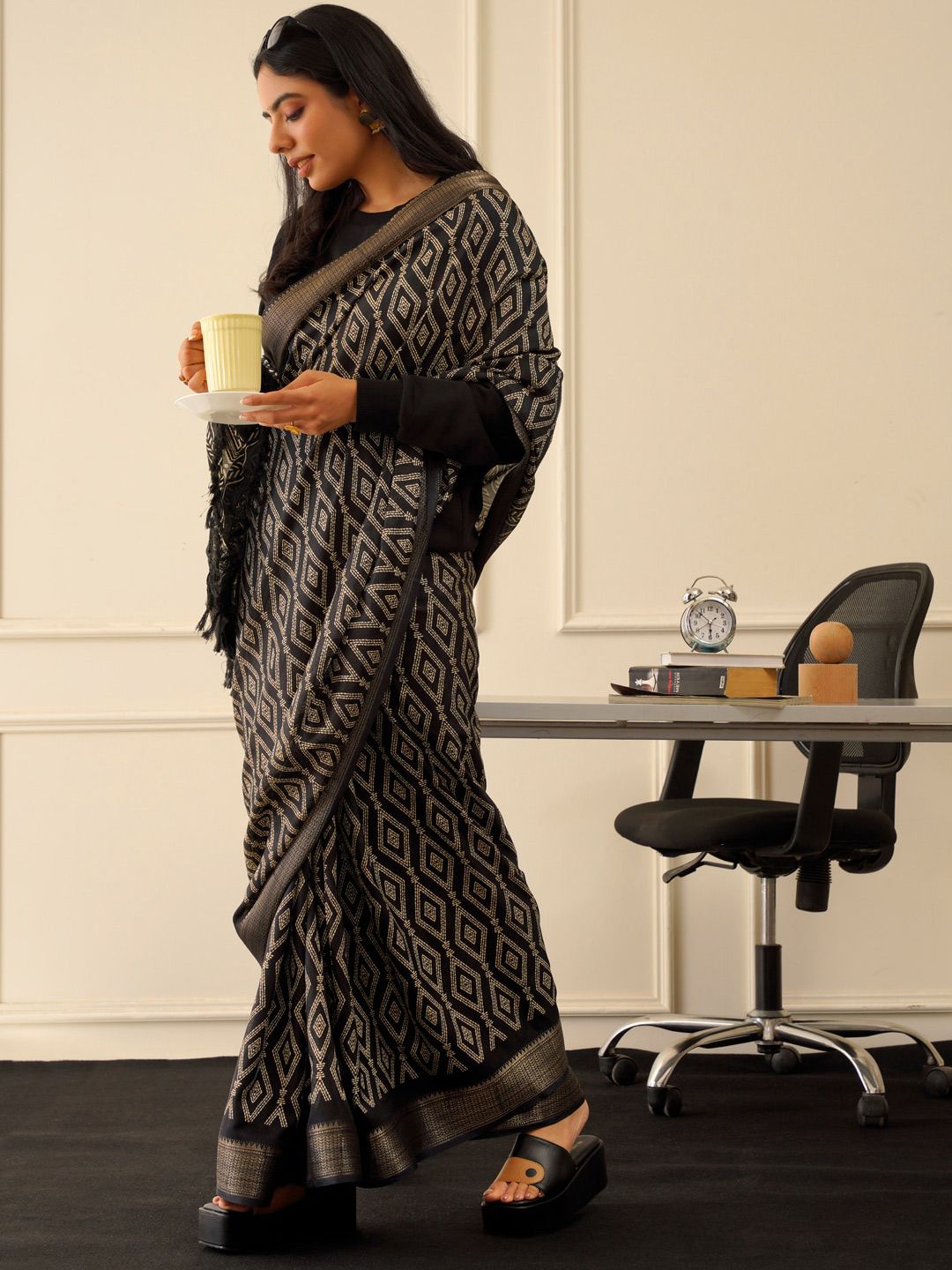Tikhi Imli Black & Gold Geometric Printed Ready To Wear Saree