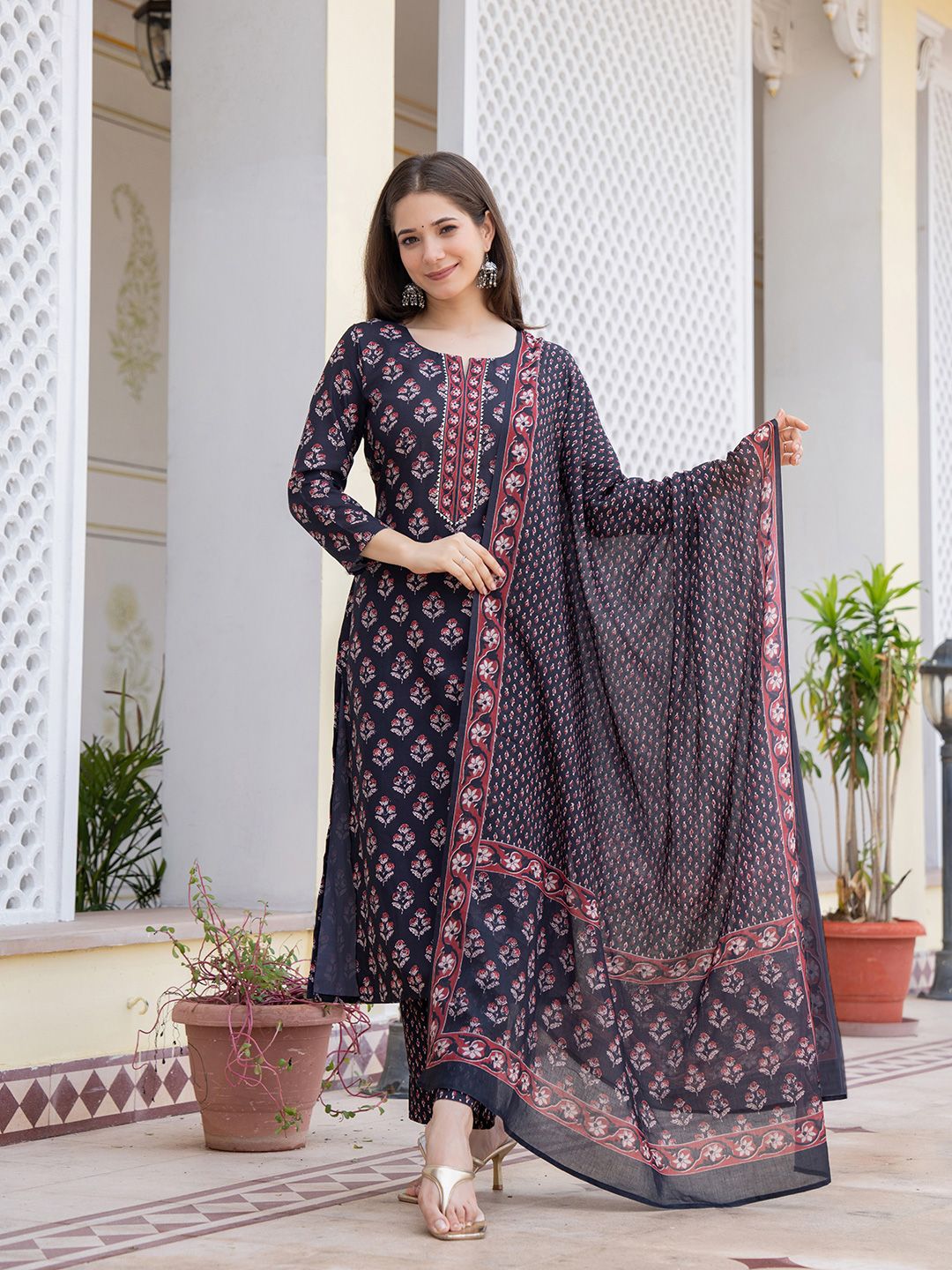 KALINI Floral Printed Round Neck Straight Kurta With Trousers & Dupatta